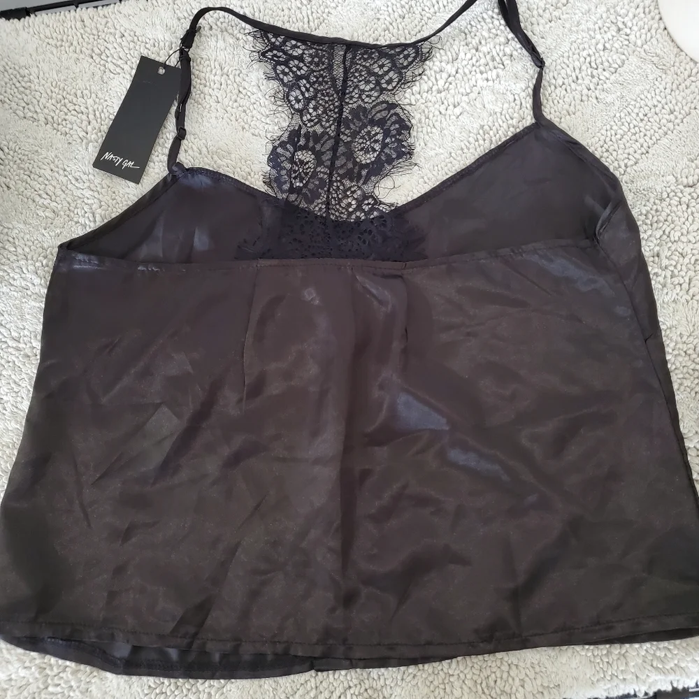 NWT NASTY GAL Sz M Black Silky Cami Top Spaghetti Straps Eyelash Lace T-Back Y2K - Picture 3 of 16
